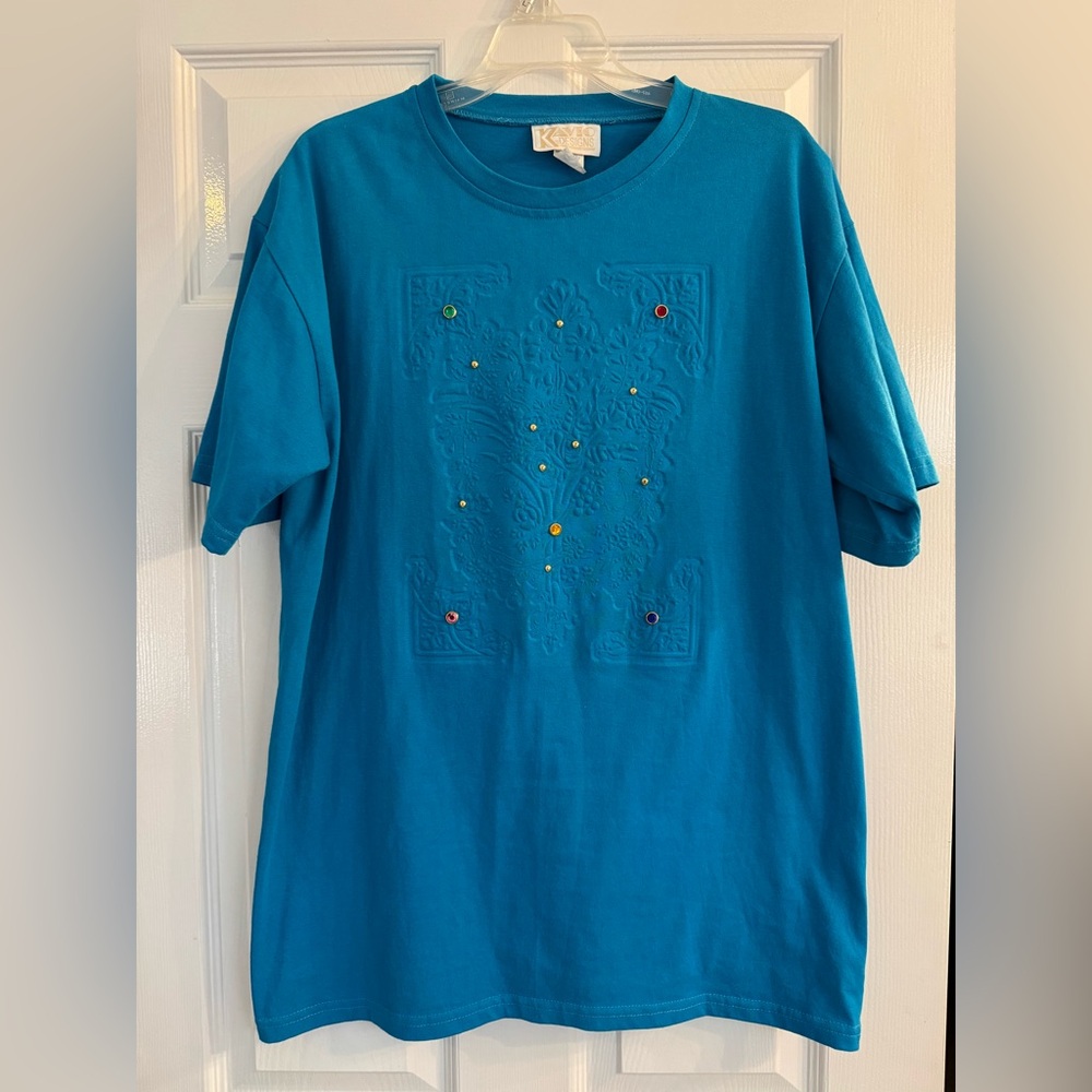 Vintage 80s Kavio Designs aqua blue embossed bejeweled t-shirt
